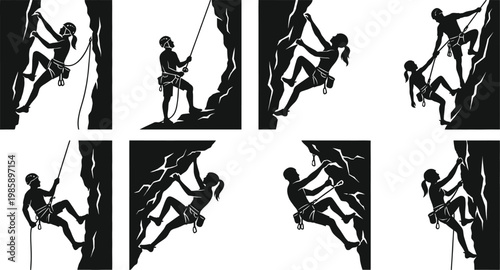 Rock Climbing Silhouettes Set in Dynamic Action Poses