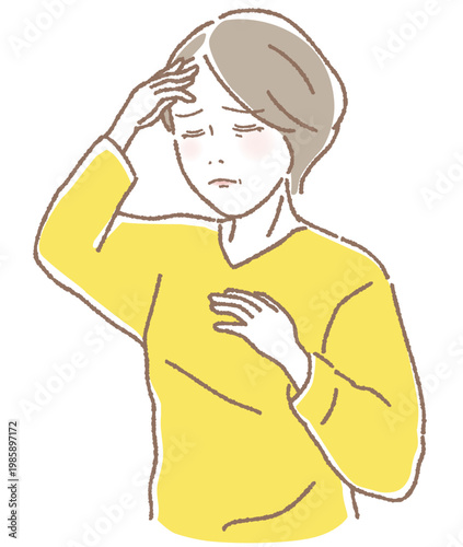 具合が悪そうな中高年女性のイラスト、熱中症や頭痛のベクター素材 / Sick middle-aged woman feeling unwell, heatstroke or headache illustration vector