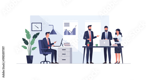This professional vector illustration depicts a modern office scene where coworkers collaborate and work individually in a corporate setting.