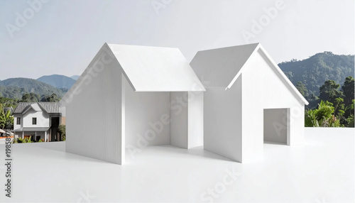 White house model with mountains in the background.