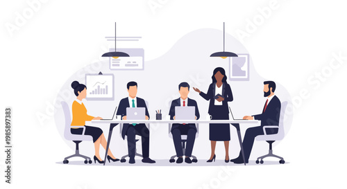 Five diverse business professionals engage in a collaborative meeting within a modern office setting, with one standing and presenting to the group.