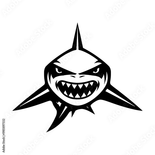 Black and white illustration of an angry shark head with sharp teeth and spiky fins on a white background