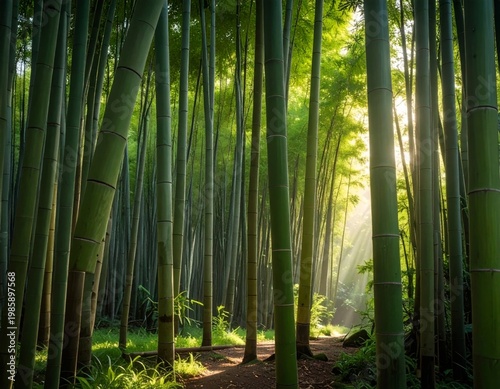 Green Bamboo Grove with Sunlight Breaking Through The Canopy in Forest