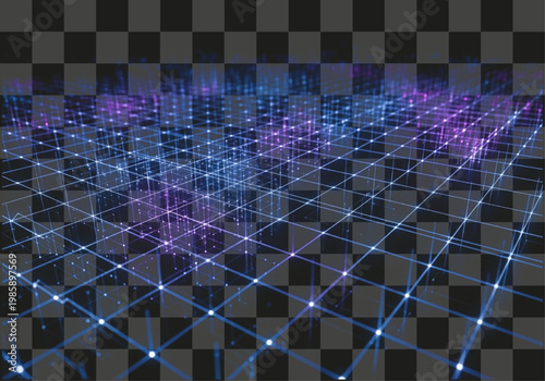 Digital network grid technology background isolated on transparent background lines dots glow