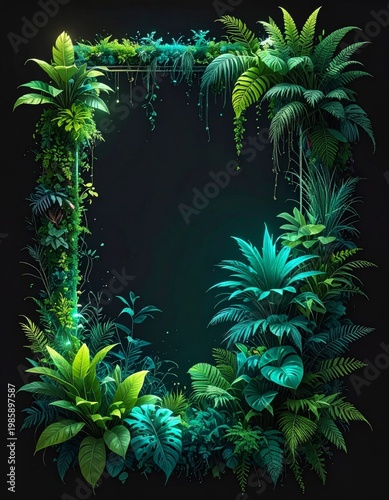 Botanical Frame with Lush Green Ferns and Leaves on Dark Backdrop