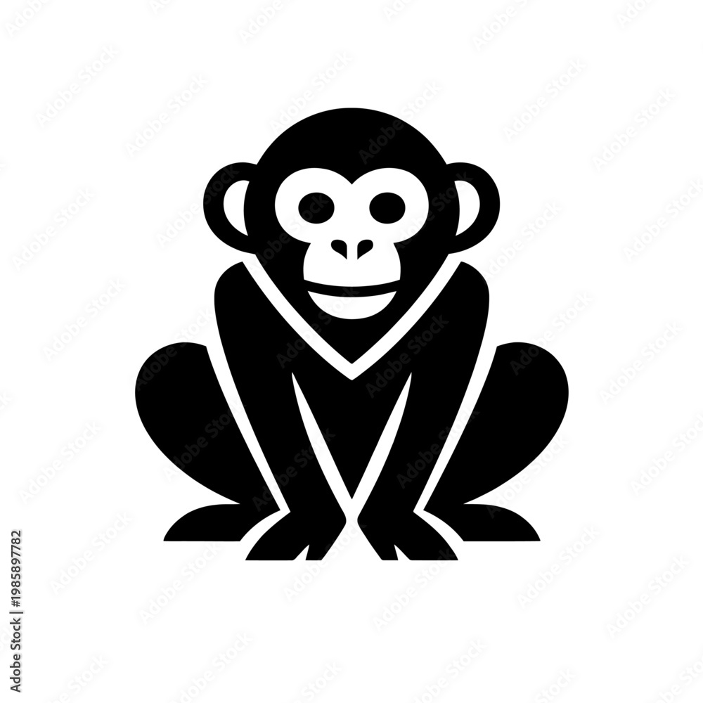 Obraz premium A black and white illustration of a monkey sitting on the ground with a neutral expression on its face looking forward