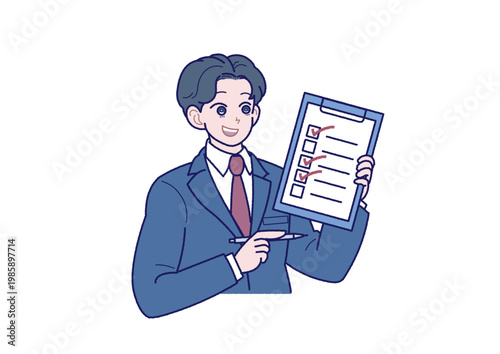 赤色でチェックの入ったチェックシートとペンを持ったスーツ姿の若い男性のイラスト