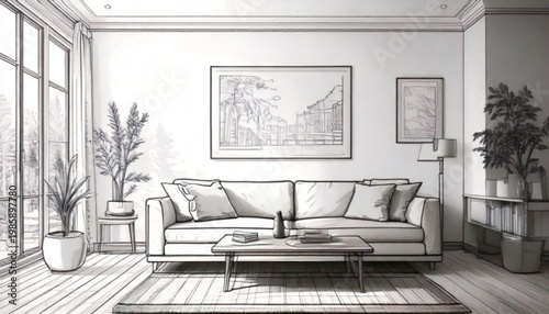 Modern Living Room Interior Design Sketch Style.