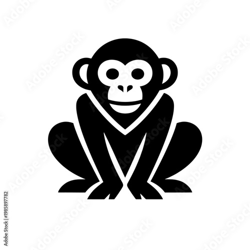 A black and white illustration of a monkey sitting on the ground with a neutral expression on its face looking forward