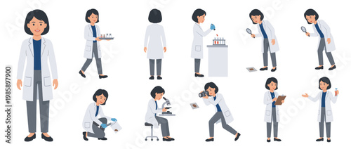 A collection of various poses and actions of a woman scientist or doctor wearing a lab coat, performing medical or research tasks. Flat vector illustration for healthcare, science, and education