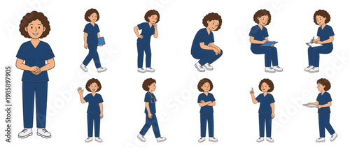 Set of diverse poses and actions of a nurse, woman medical professional in blue uniform. Healthcare worker character illustration collection for design