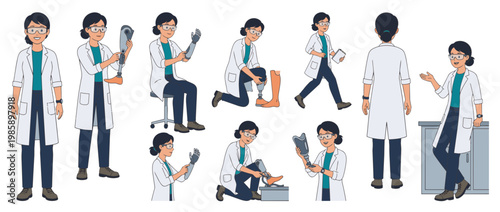 Woman scientist doctor with prosthetic limb concept for medical technology, science, and rehabilitation. Vector illustration for clinic, website banner, or app