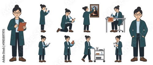 Woman scientist or female expert in various poses set. Research, analysis and work concept. Professional or technician character. Vector illustration