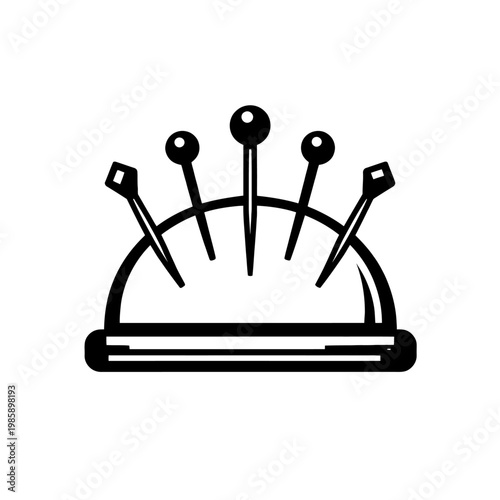 Black and white illustration of a crown on a sewing pin cushion with needles, symbolizing royalty and sewing craftsmanship.