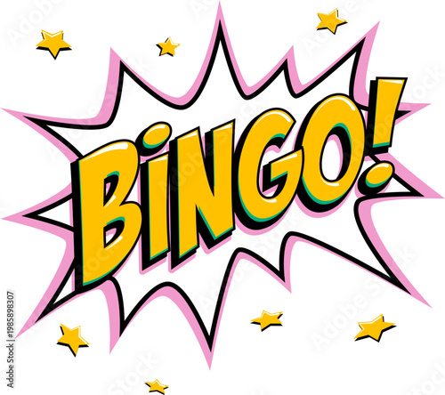 Bingo starburst icon in pop art comic style with bold yellow lettering on white star shape and pink outline accents. Retro vector bingo logo for lottery, lotto, casino posters and game branding