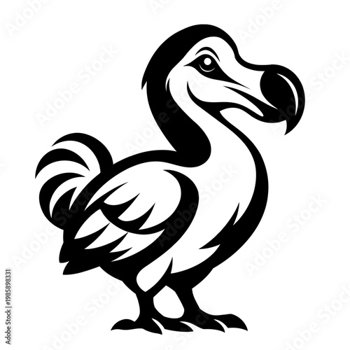 A black and white illustration of a dodo bird standing on a plain background, looking to the right with a distinctive beak and feathers.