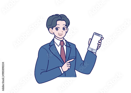 スマートフォンを持ったスーツ姿の若い男性のイラスト