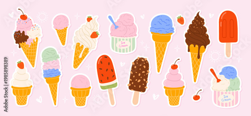 Ice cream sticker set with hand drawn scoops in waffle cones and popsicles. Doodle summer frozen desserts with chocolate, strawberry and vanilla flavors. Vector food collection