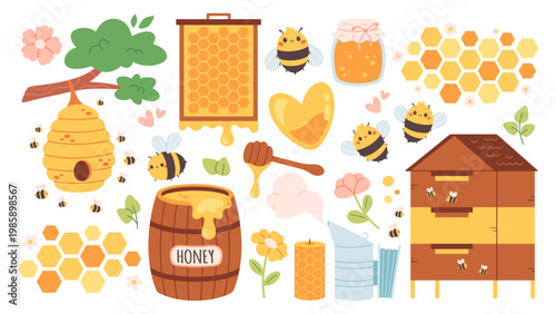 Cute beekeeping collection. Perfect for kids design, packaging, stickers, nursery decor, organic products branding and educational materials. Flat vector illustration