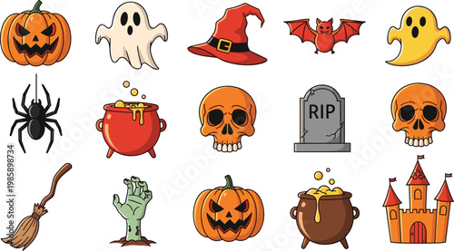 Halloween Cartoon Icon Set with Pumpkin Ghost Skull Witch Hat Bat Spider Zombie Hand Castle and Cauldron Elements