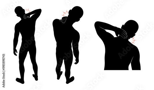 Neck Pain and Stiff Neck Silhouette Set with Human Body Ache Poses
