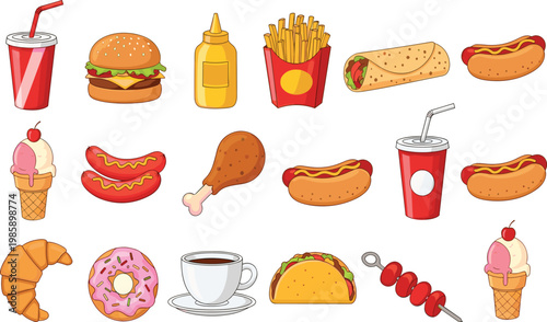 Colorful Fast Food Icon Set with Burger Hotdog Fries Taco Donut Ice Cream Coffee and Junk Food Elements