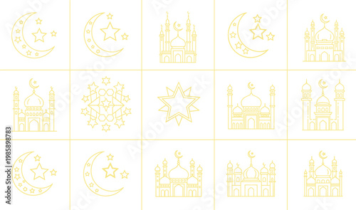 Islamic Ramadan Golden Outline Icon Set with Mosque Crescent Moon Star and Eid Celebration decoration Elements