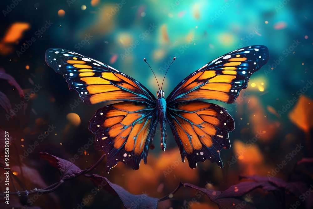 Fototapeta premium Monarch butterfly resting on leaves with colorful bokeh in a fantasy setting