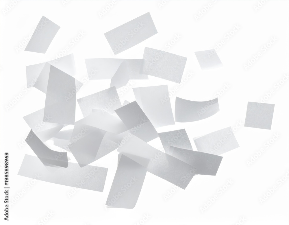 Obraz premium Scattered White Rectangular Paper Pieces on White Background Studio Shot