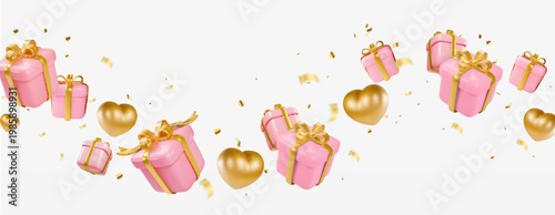 Gift boxes flying Pink gifts floating with hearts, trendy decoration element, golden confetti and gold ribbons 3d horizontal illustration.