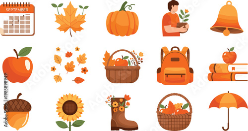 Autumn Fall Season Icon Set with Pumpkin Maple Leaf Apple Sunflower Basket Backpack Umbrella and Harvest Elements