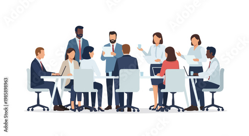 Diverse business professionals are actively engaged in a collaborative corporate meeting, standing and sitting around a long conference table.