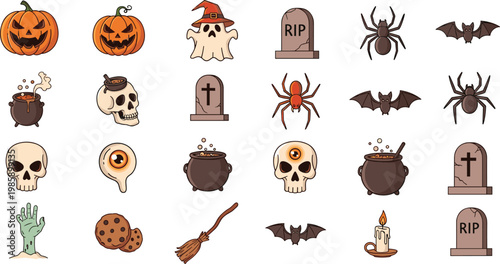 
Halloween Cartoon Icon Set with Pumpkin Ghost Skull Spider Bat Cauldron Broom Grave Candle and Zombie Elements