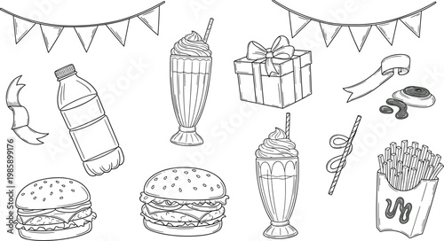 
Fast Food Party Outline Doodle Set with Burger Milkshake Fries Soda Bottle Gift Bunting and Ribbon Elements