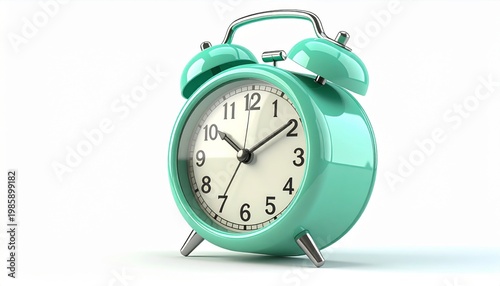 Turquoise Alarm Clock on a White Background with Shadow Detail