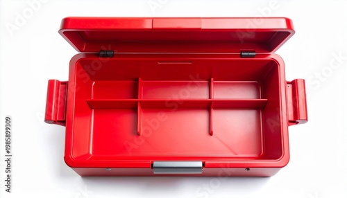 Open Empty Bright Red Toolbox Container with Dividers on White Background