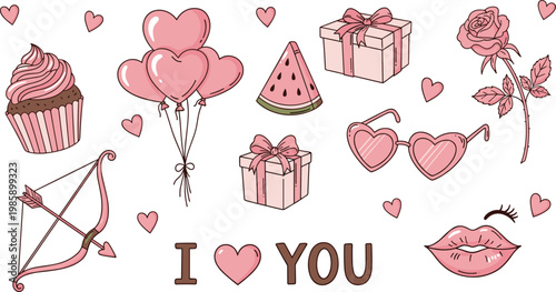 

Valentine's Day Pink Love Set with Cupcake Balloon Rose Gift Bow Arrow Sunglasses Lips and I Love You Elements