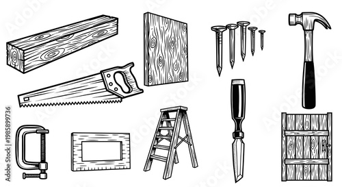 Hand Drawn Carpentry Woodworking Tools and Timber Materials Vector