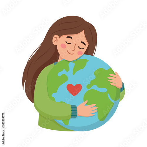 Young girl with long hair embracing planet Earth. Design element for banner, poster, social media, celebration card