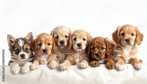 Group of Six Brown and White Puppies on White Blanket Backdrop Pet Photography