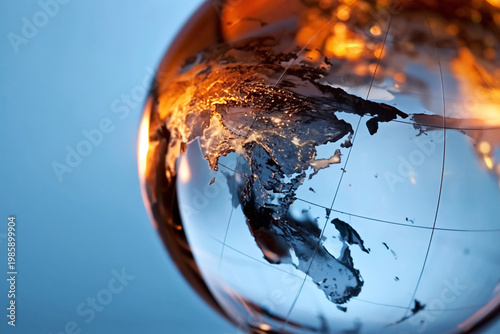 A glowing glass globe depicts illuminated cities across Asia and Australia contrasting with a serene blue background