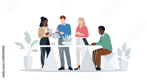 This minimalist vector illustration depicts a diverse group of office professionals collaborating in a modern workspace with digital devices.