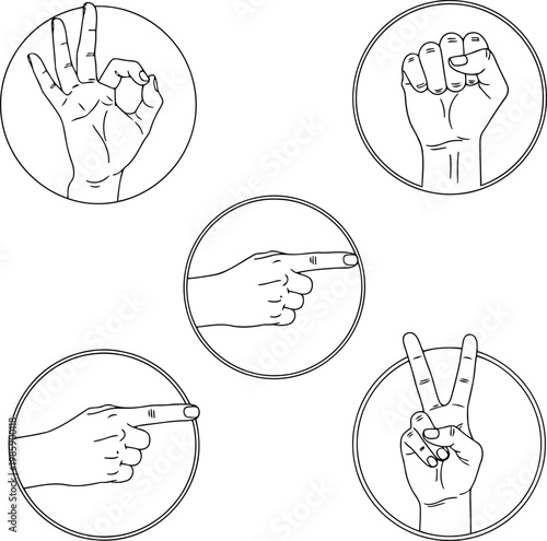 Five hand gestures in black and white circles pointing ok fist peace