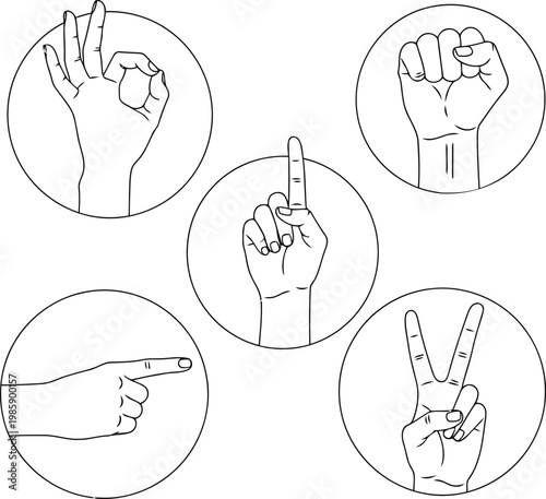 Five hand gestures in circles line art sign symbol