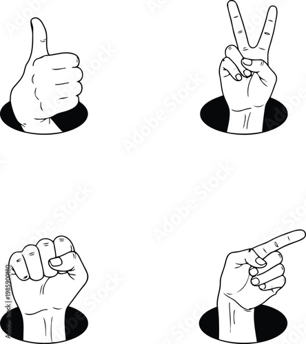 Four cartoon hands making gestures thumbs up peace fist point