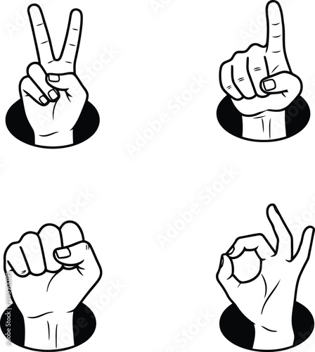 Four hand gestures peace one fist ok sign pointing up