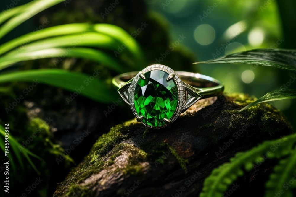 Fototapeta premium Emerald ring resting on mossy wood, surrounded by lush green foliage, suggesting luxury in nature