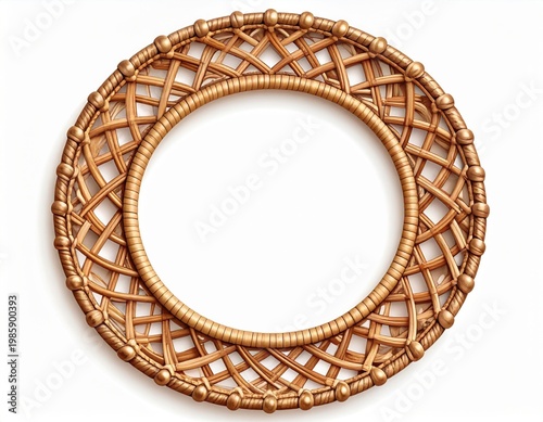 Woven Wicker Round Frame Decoration on White Background