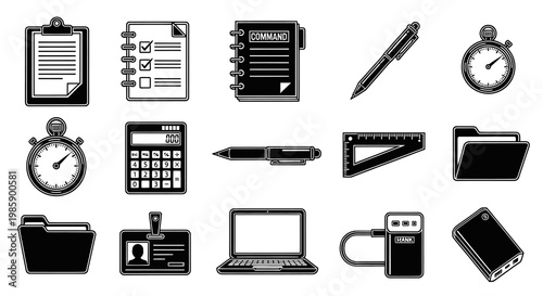 Modern Office Supplies and Business Stationery Icons Collection