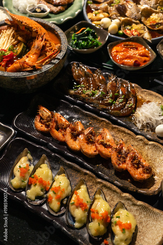 Assorted seafood dishes on a dining table